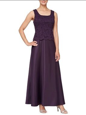 Glitter Lace 3/4 Sleeve Square Neck Scallop Hem Bodice 2-Piece Jacket Gown